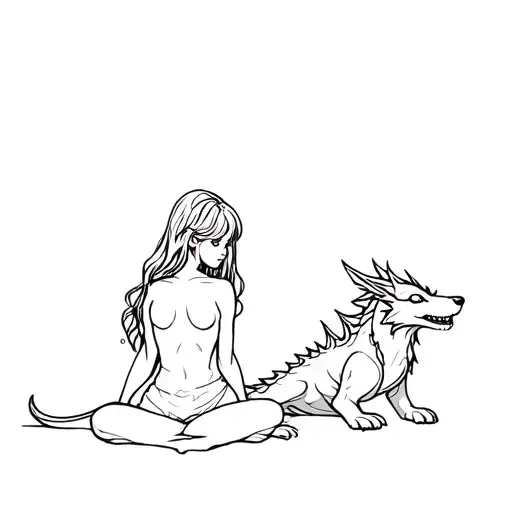 Girl Sitting With Dragon Dog