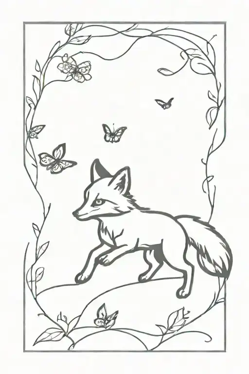 Line Tattoo Of A Fox Chasing A Butterfly Made Only With A Single Line