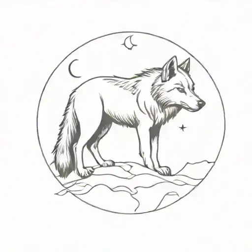 A Moon That A Wolf Is Inside Representing With 5 Human Small Symbols