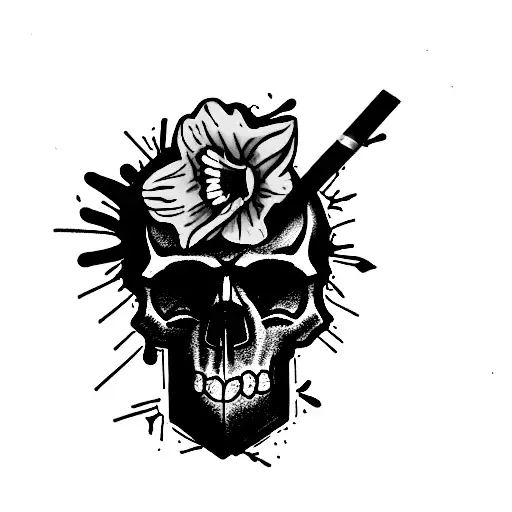 Skull With Daffodil And Messy Head Depressed Like Skull With Cigarette