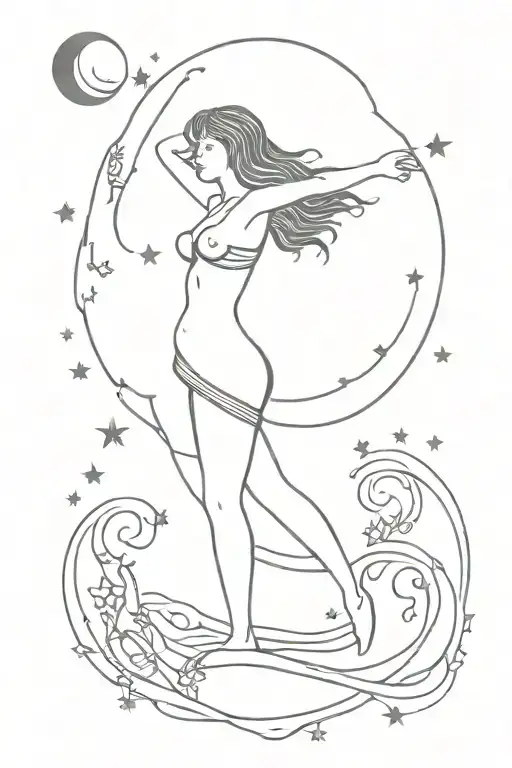 Celestial Full Body Goddess Standing Holding Moon Swirling Stars