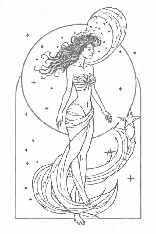 Celestial Full Body Goddess Standing With Moon Swirling Stars