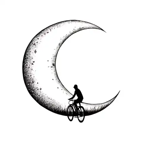A Crescent Moon In The Sky With A Tiny Silhouette Of A Bicycle Riding Away Beneath It