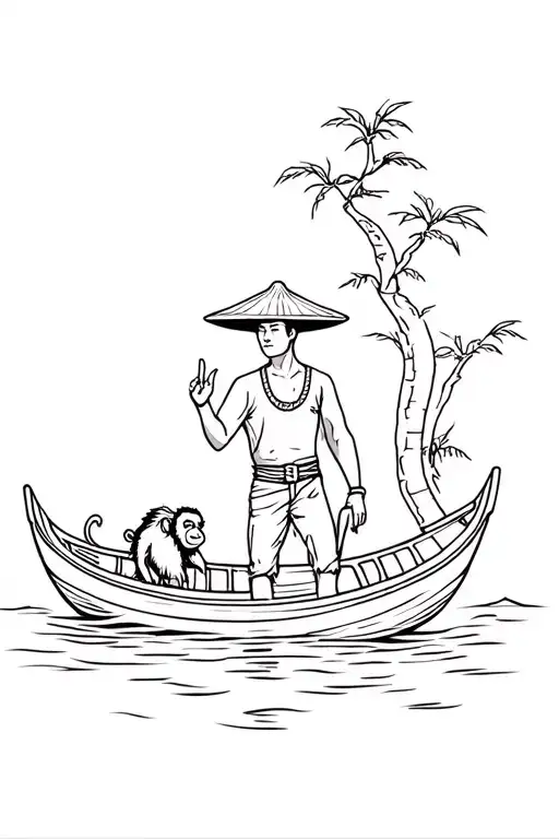 Philippino Boat With A Man Wearing A Vietnamese Hat And A Monkey On The Boat