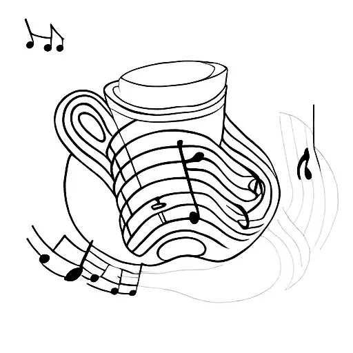 A Minimalist Tattoo Design Of A Coffee Cup With A Drawing Pencil And Musical Notes