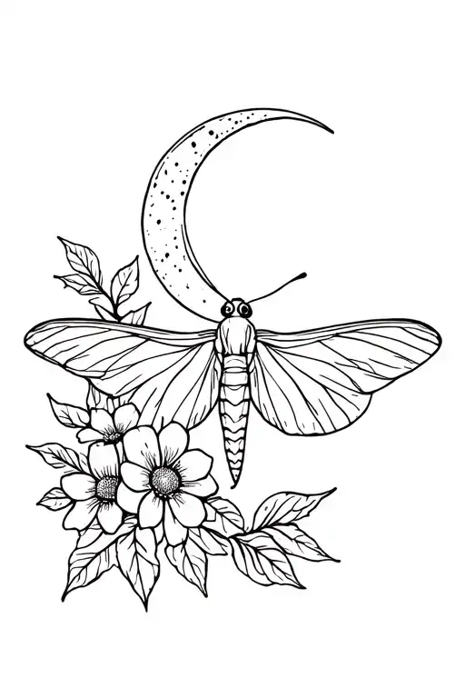 Long Tailed Leaf Moth With Flowers And A Moon