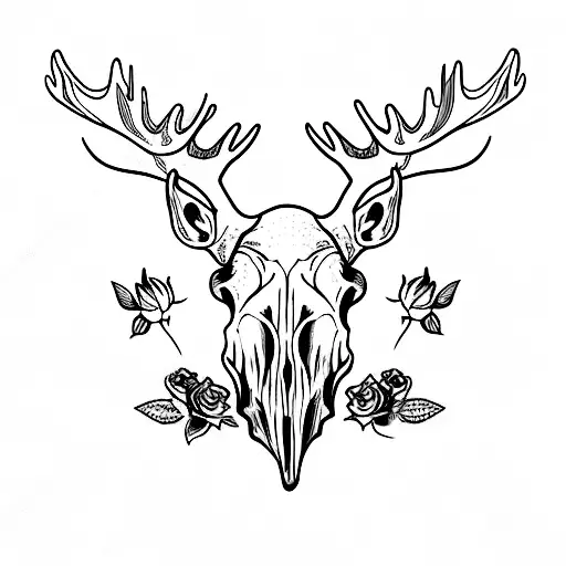 Moose Skull With Roses And Lilies