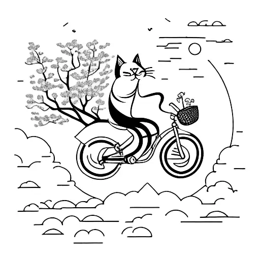 A Cat Riding A Bicycle Through A Cherry Blossom Forest