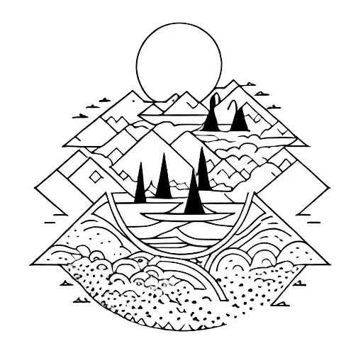 A Fine-line Drawing Of A Lake With A Moon