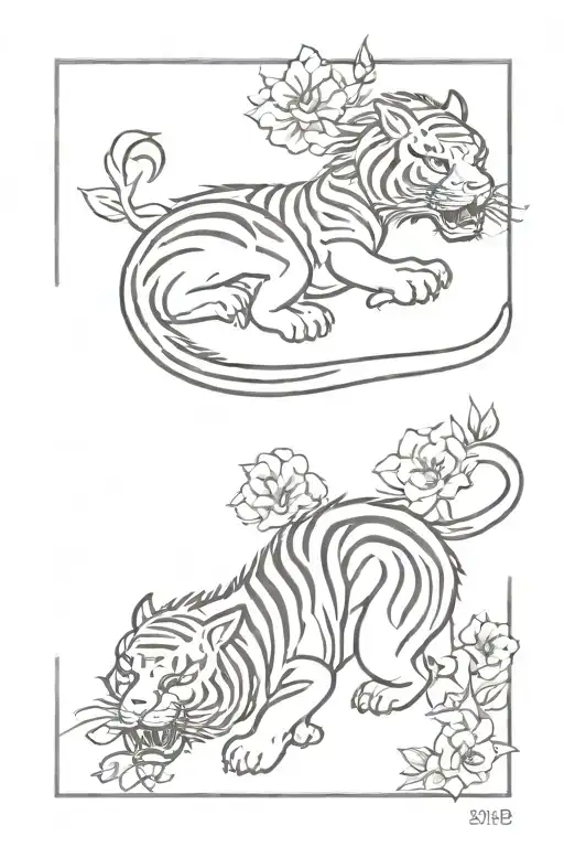 Japanese Dragon And Tiger With Flowers
