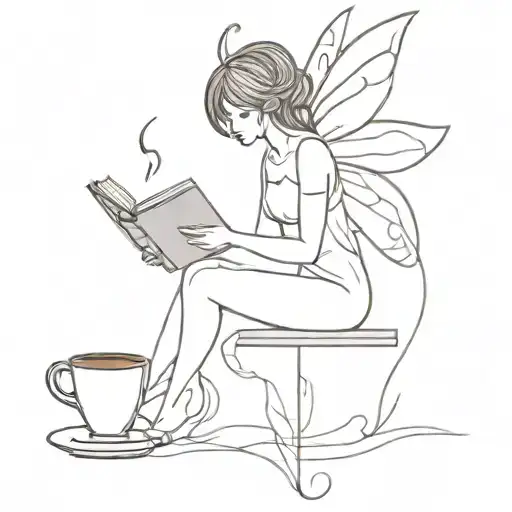 A Minimalist Tattoo Of A Fairy Reading A Book While Drinking Coffee