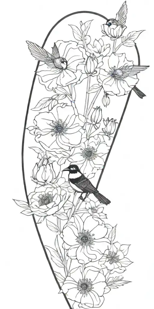 Fine Line Flowers Poppy Saguaro Columbine Peonie And Birds Hummingbird Cardinal Raven