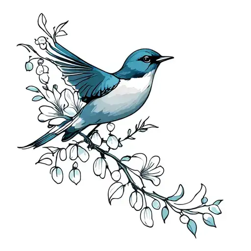 Bird Flying With Hawthorn And Lily Of The Valley Flowers