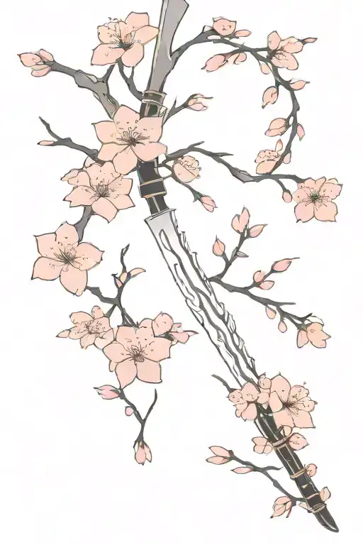 Katana And Cherry Blossoms Falling