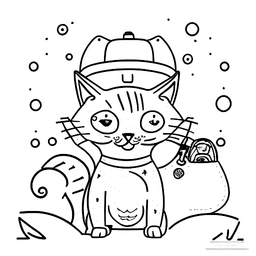 A Minimalist Tattoo Design Of A Cat Playing With Hiking Gear On The Beach