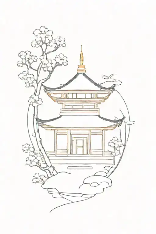 Minimalistic Black And White Tattoo With Rare Flecks Of Colour Of A Japanese Temple