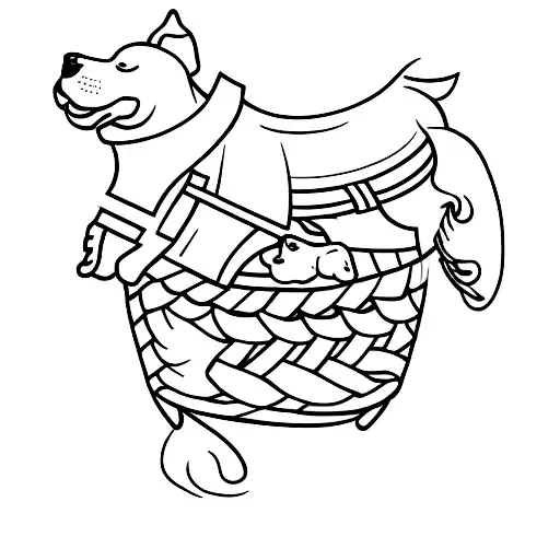 A Minimalist Tattoo Of A Dog Carrying A Basket Filled With Industrial Design Sketches
