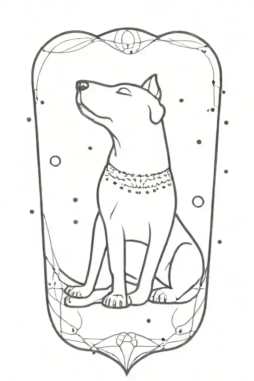 A Minimalist Tattoo Of A Dog Silhouette Surrounded By Dots And Lines Forming A Mandala Design