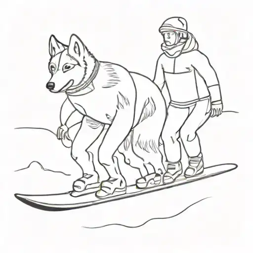 One Male Human And One Female Human Snowboarding With Two Huskies