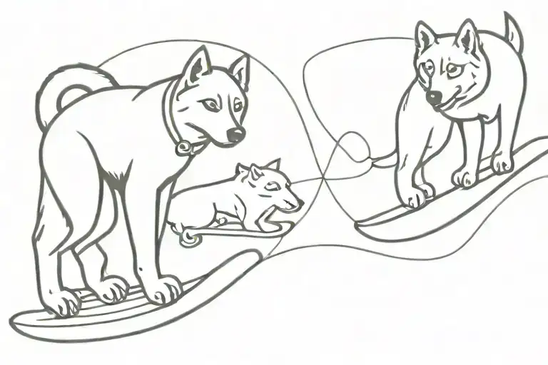 One Male Human And One Female Human Snowboarding With Two Huskies