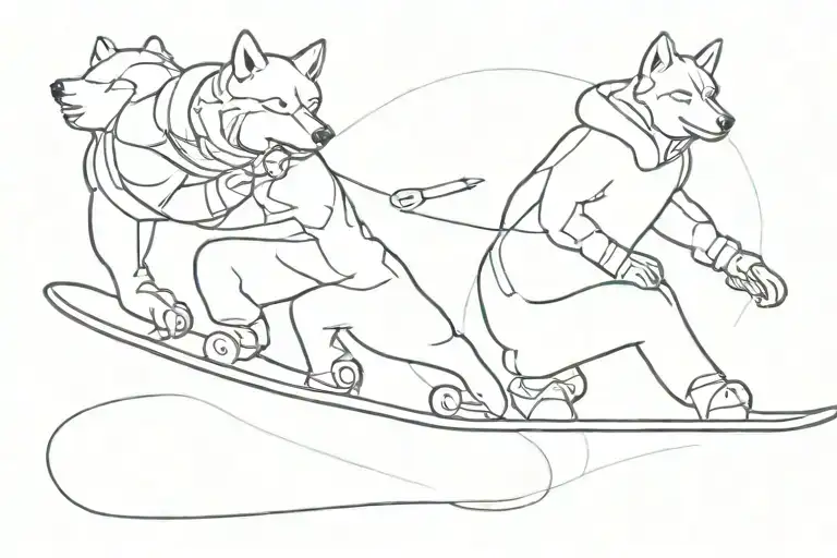 One Male Human And One Female Human Snowboarding With Two Huskies