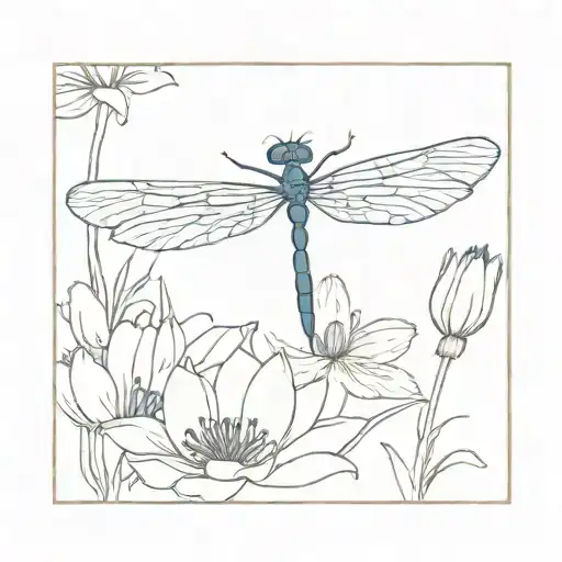 Feminine Tattoo Of A Dragonfly Surrounded By Delphinium And The Water Lilies