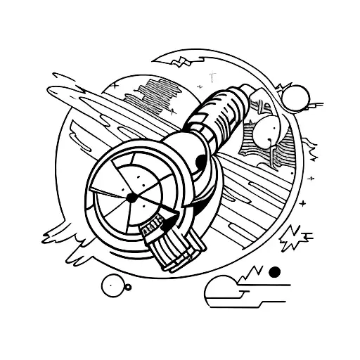 A Minimalist Tattoo Design Of A Sci-fi Inspired Fighting Scene In Outer Space