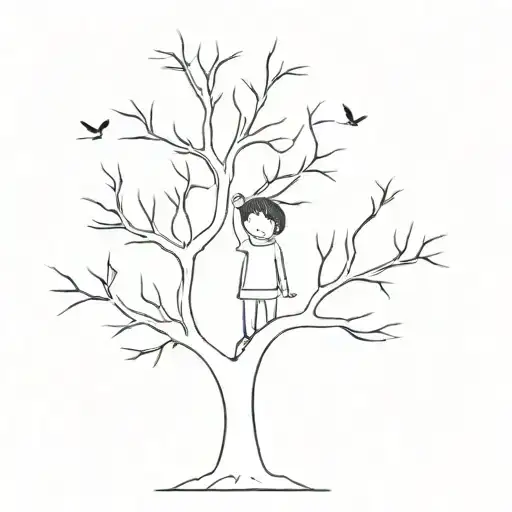 Small Kid Looking Up At A Large Tree Without Leaves