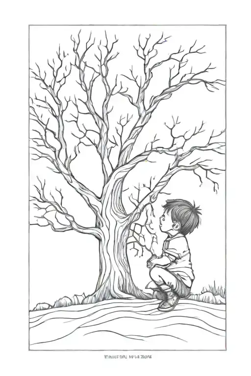 Small Kid Looking Up At A Large Tree Without Leaves