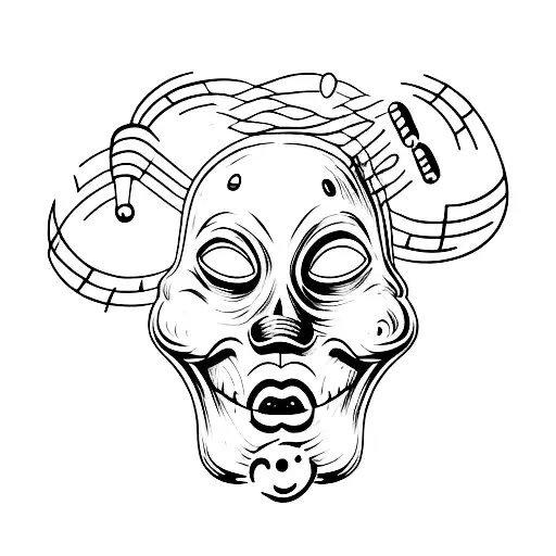 A Minimalist Tattoo Of A Spooky Horror Movie Mask With A Beer Bottle And Music Notes Intertwined