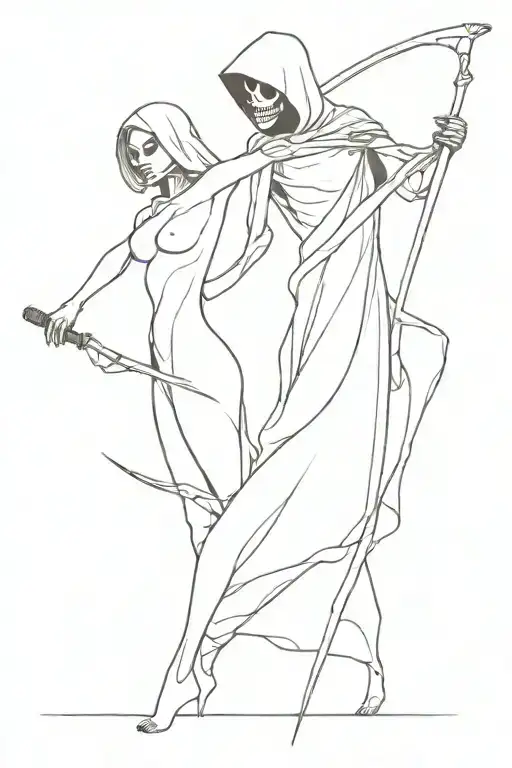 A Woman Defeating The Grim Reaper Standing
