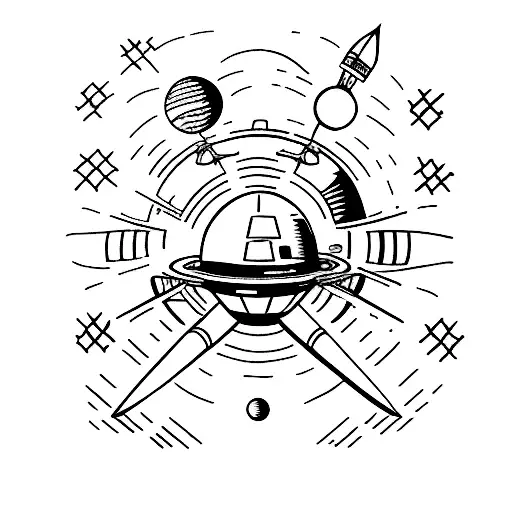 Simple Black Ink Tattoo Of A Spaceship And A Panet