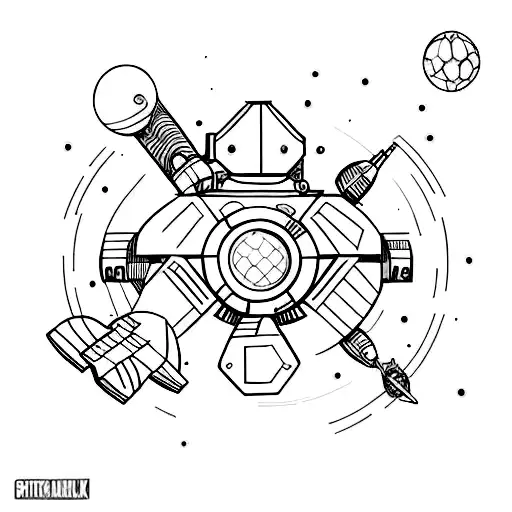 Simple Black Ink Tattoo Of A Spaceship And A Panet