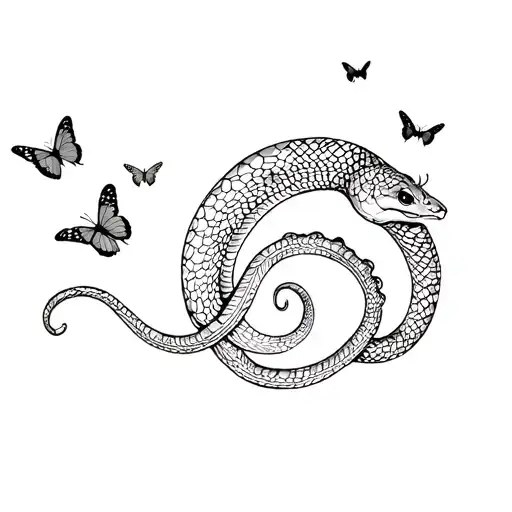 A Swivelling Snake With Multiple Butterflies Flying Around It
