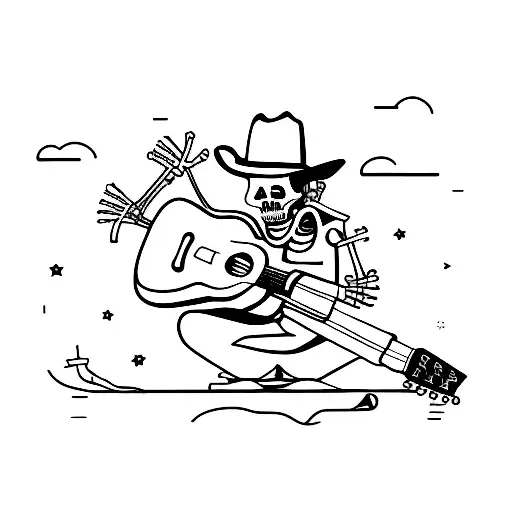 Cowboy Skeleton Sitting On A Log Playing Guitar