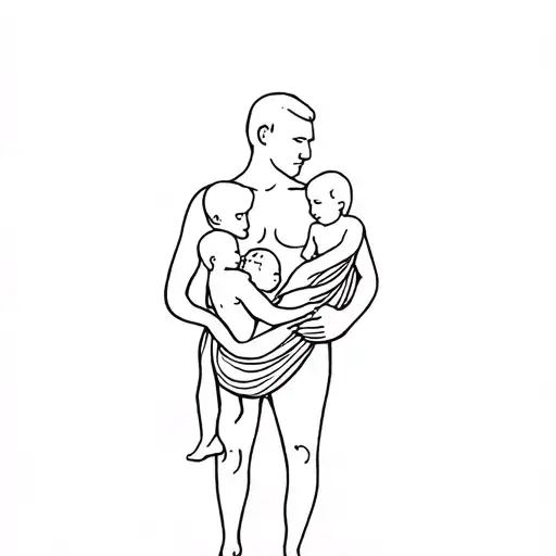 A Man Holding Two Children In A Sling