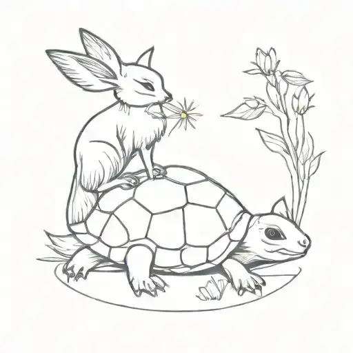 A Chick Perched On A Turtle Walking Towards A Flower And A Fennec Fox Sitting Looking Past Them