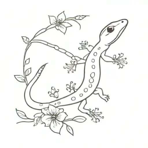 Gecko With Small Flowers In One Line Without Filling