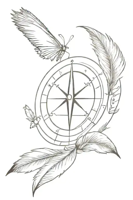 Compass With Feathers And Butterflies Fluttering