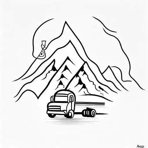 A Minimalist Tattoo Of A Lone Truck Driving Through A Mountain Pass