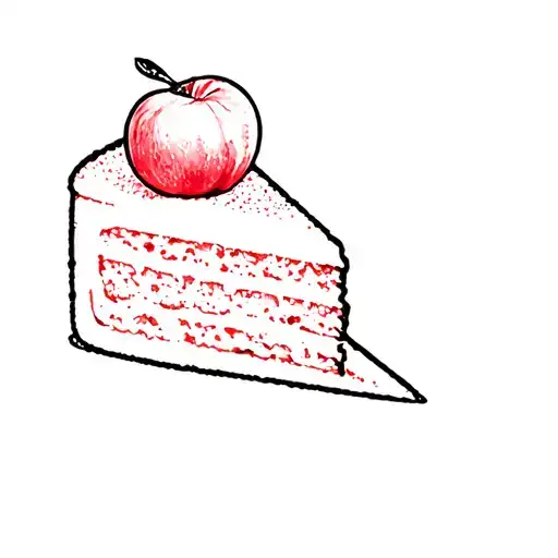 Cake Slice In Black Ink With A Mini Peach As A Topping In Red Ink