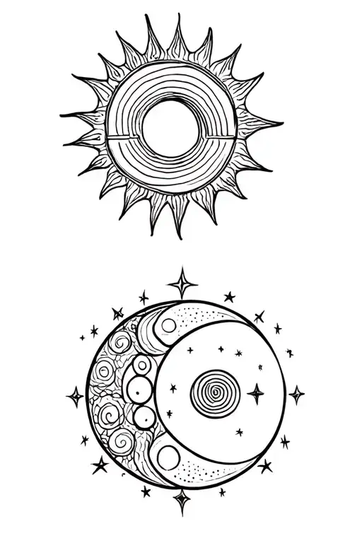 A Sun And Moon With Spiral In Them With Stars Surrounding