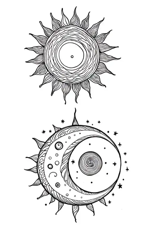 A Sun And Moon With Spiral In Them With Stars Surrounding