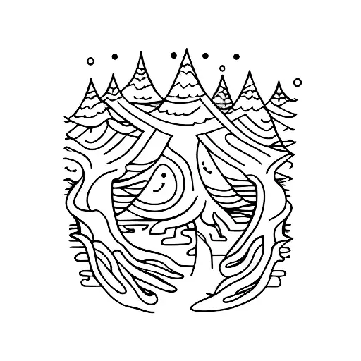 A Line Art Design Of A Haunted Forest With Supernatural Elements