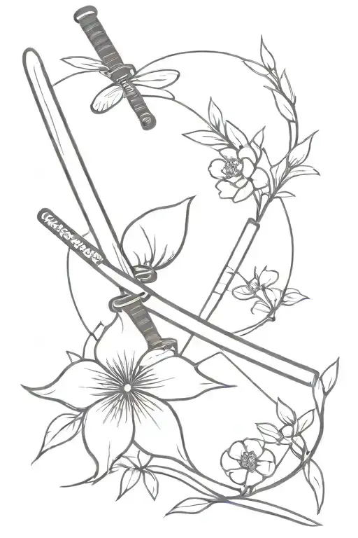 Linear Tatto With Katana And Flowers Japanese Style Minimalistic