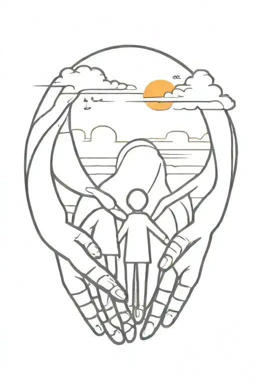 Family Of 4 Holding Their Hands Together In Sunset