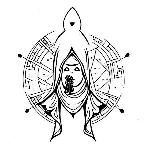 A Witch With A Hidden Face Covered By A Cloak And A Crow On Her Hand And An Owl On Her Shoulder