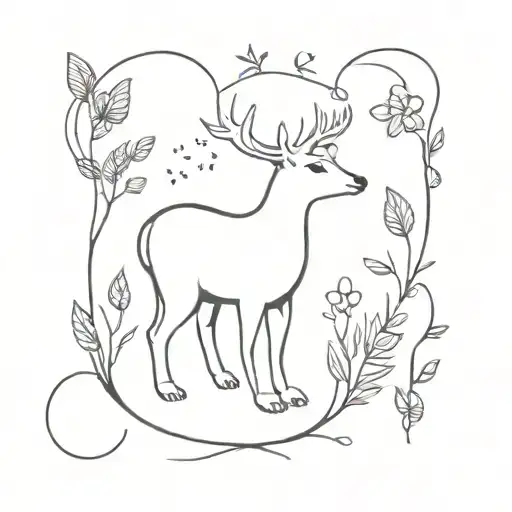 An Intricate Design Combining Elements Of Nature And Cute Animals In A Blackwork Style