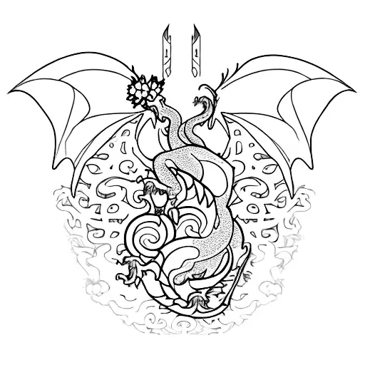 Fine Line Dragon With Few Hearts And Flowers My Family Drew