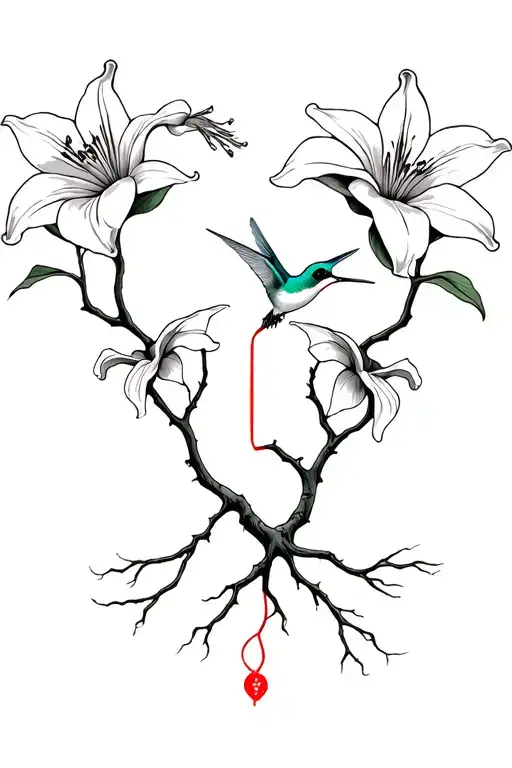 Roots Of A Tree Of Life With 2 Lilies And A Hummingbird And A Japanese Red Thread That Connects Them